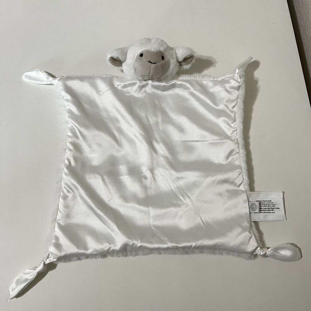 Pottery Barn Kids Lamb Lovey Security Blanket White Knotted Satin Blankie Plush